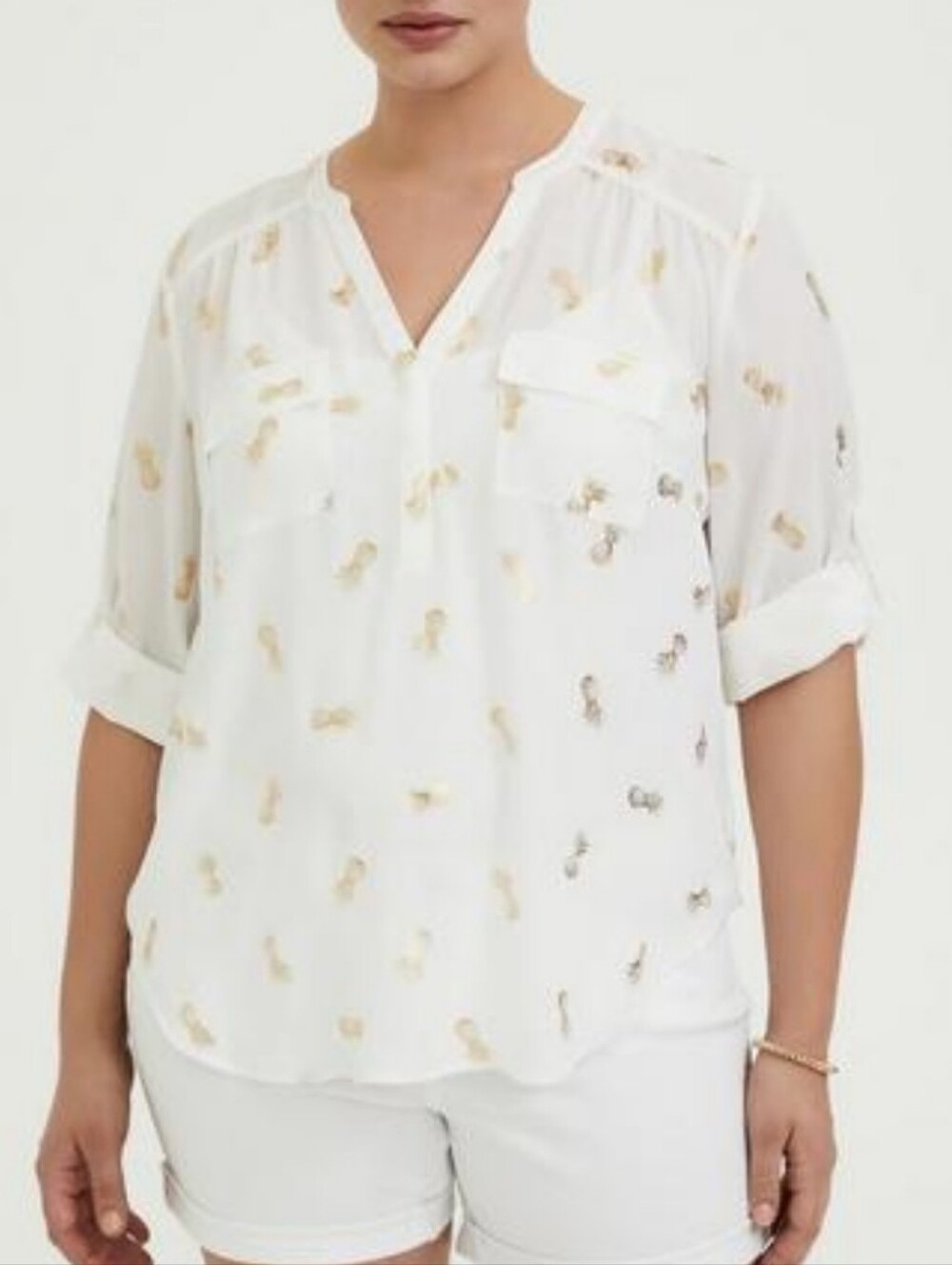 torrid White Blouse with Gold Metallic Pineapple Detail
